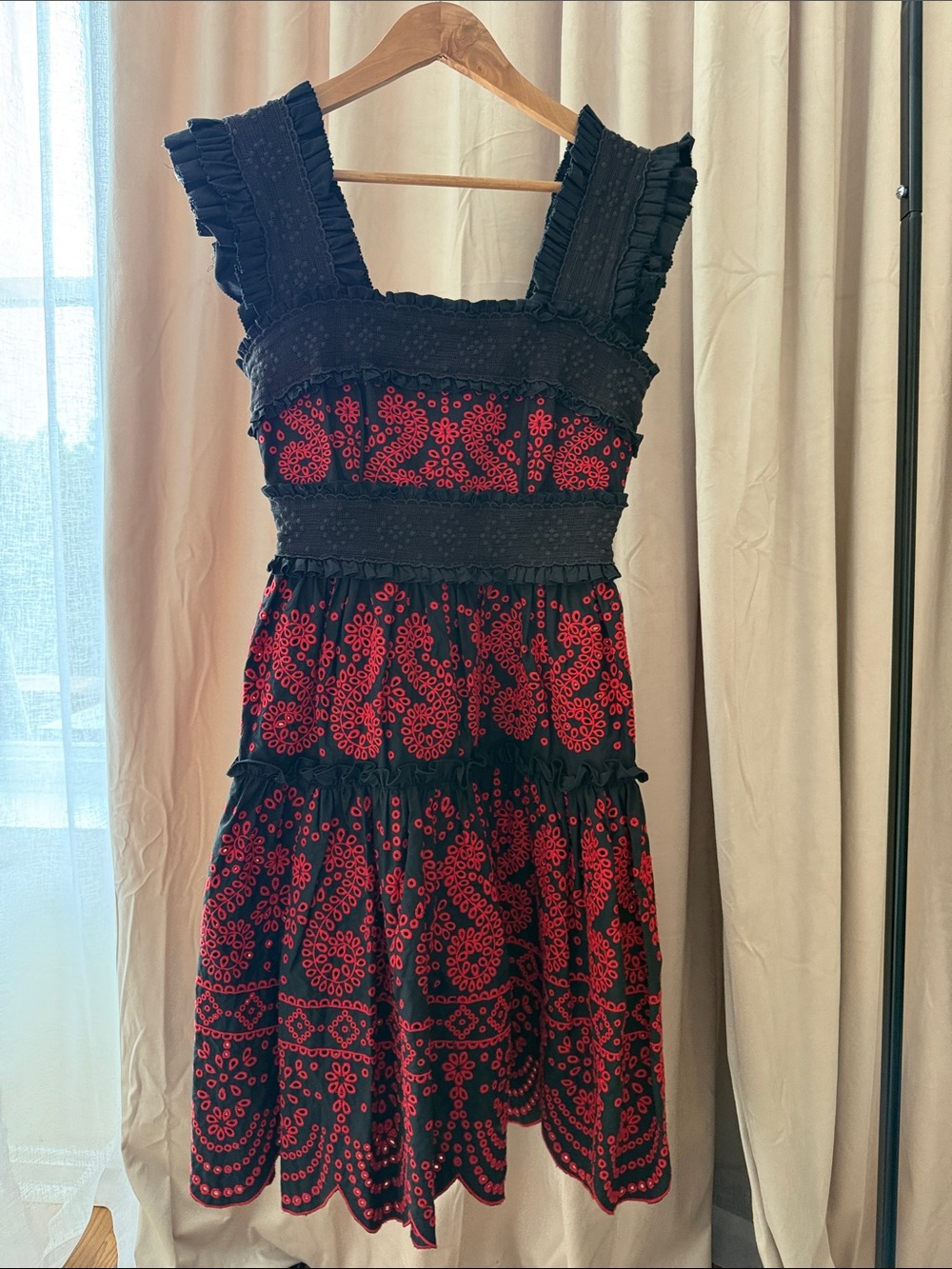 Marissa Webb Black Midi Dress with Red Embroidery